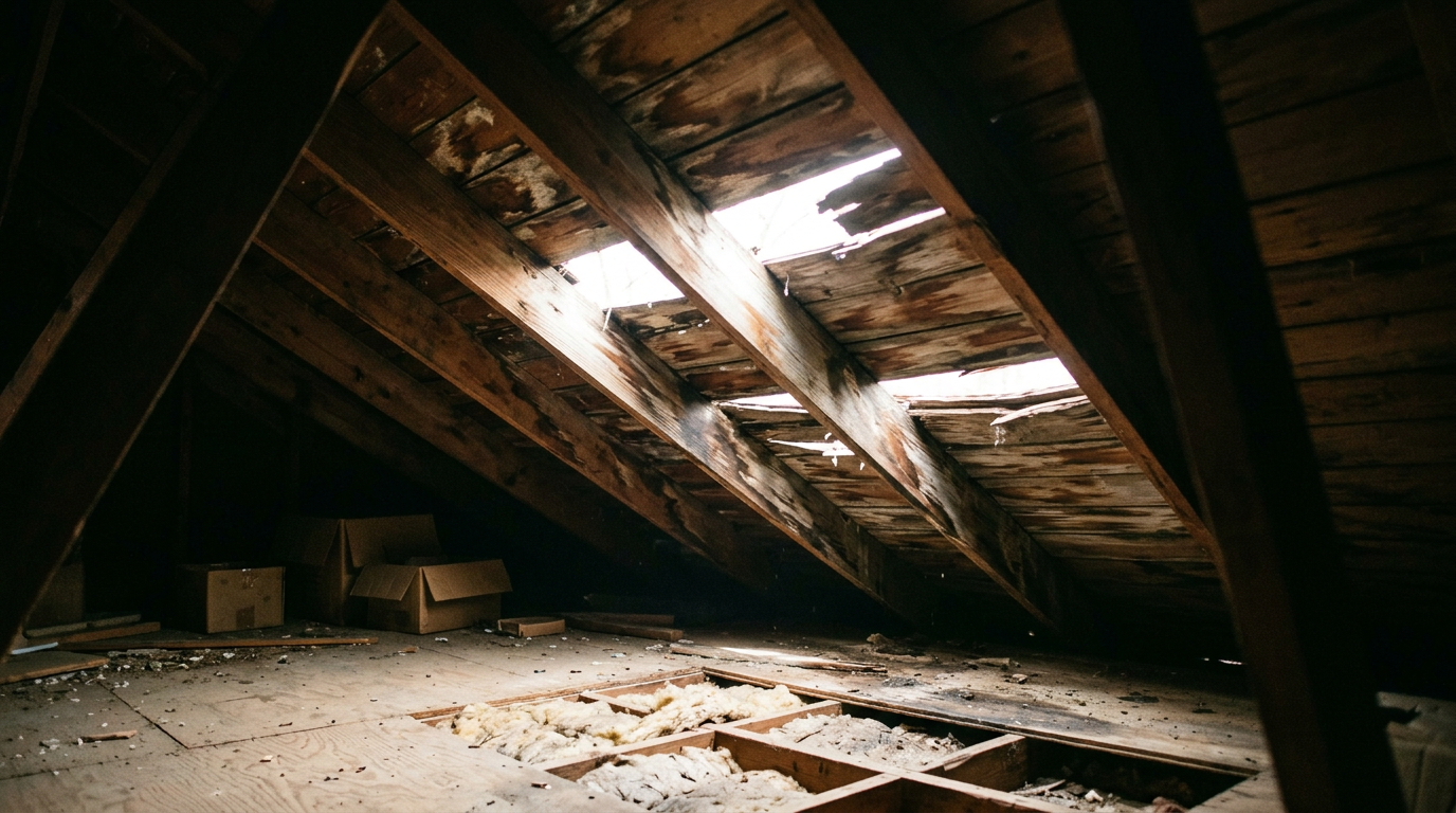 daylight and water stains visible in attic from roof damage