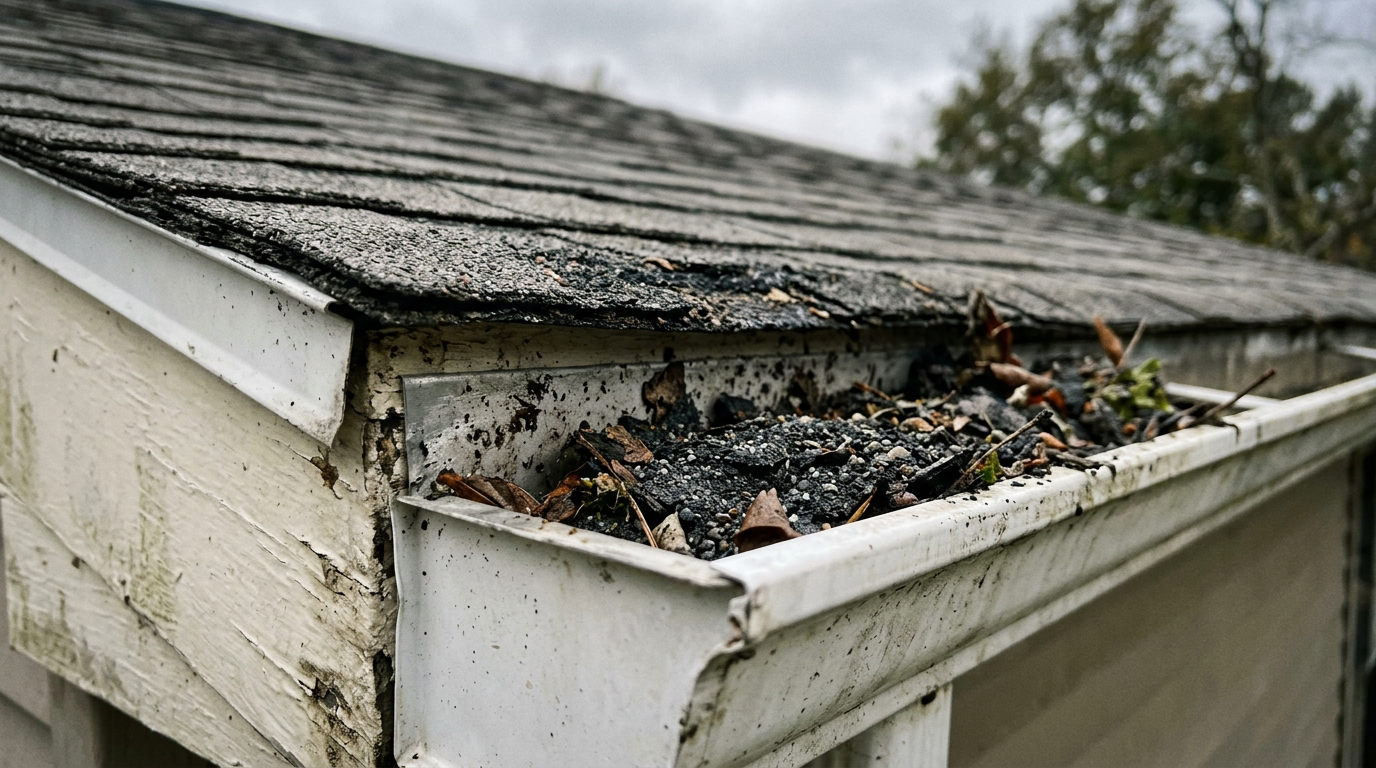 shingle granules collecting in roof gutters