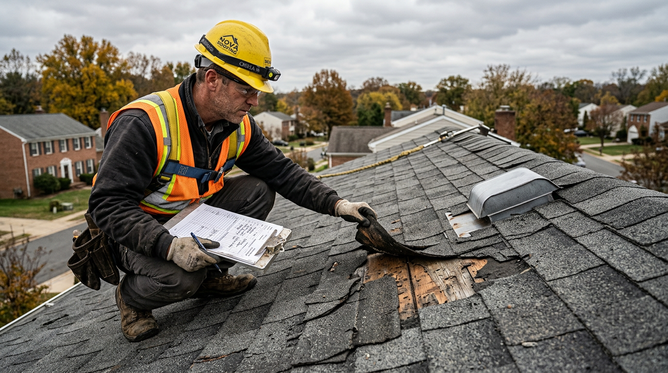 roofing contractor inspecting damaged shingles in Alexandria VA