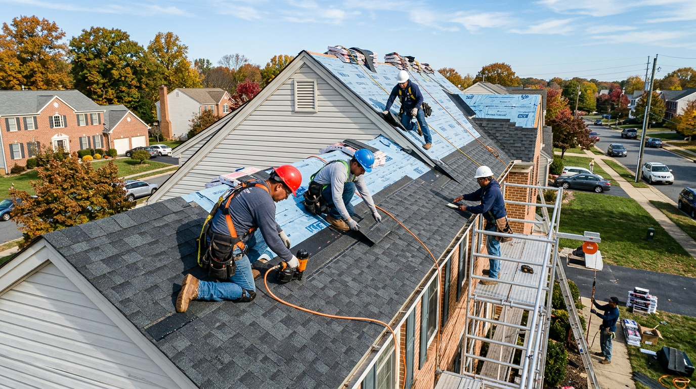 professional roofing crew working on roof replacement in Arlington VA