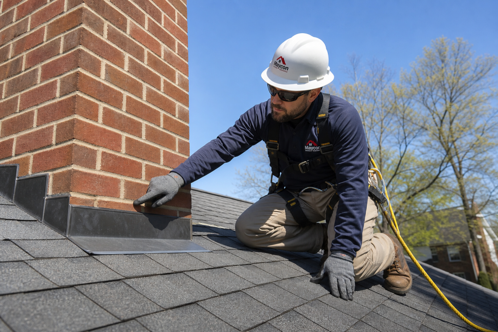 Professional roofer inspecting chimney flashing on a Fairfax VA home
