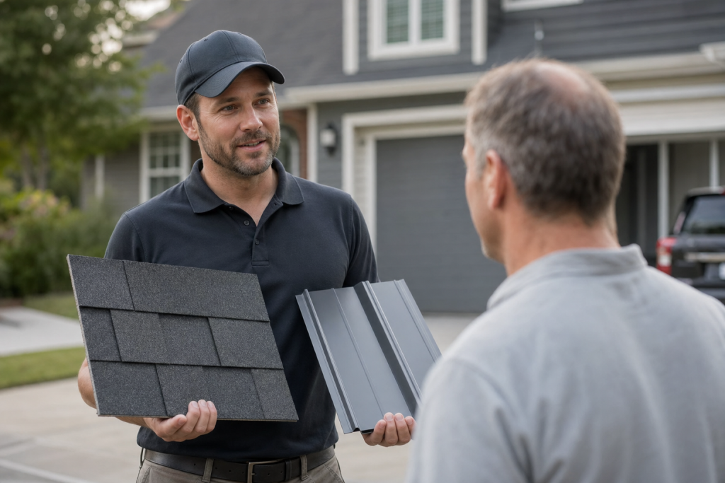 Contractor explaining metal roof vs shingles options