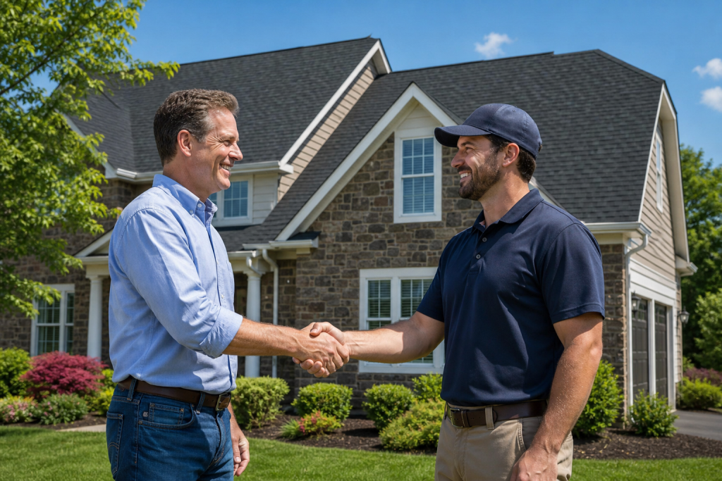 Homeowner shaking hands with a Northern Virginia roofing contractor after a roof replacement estimate