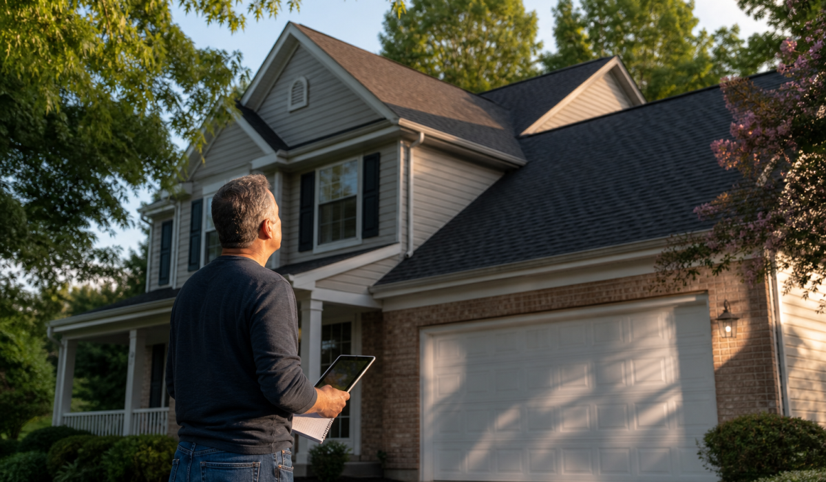 Northern Virginia homeowner estimating roof replacement cost while looking at their home roof
