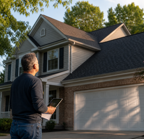 Northern Virginia homeowner estimating roof replacement cost while looking at their home roof
