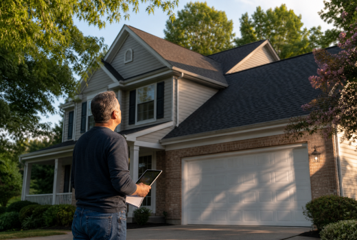 Northern Virginia homeowner estimating roof replacement cost while looking at their home roof