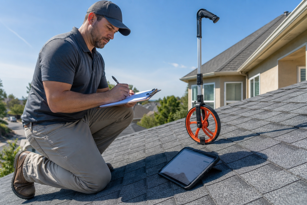 Roofer measuring a roof in squares to estimate roof replacement cost