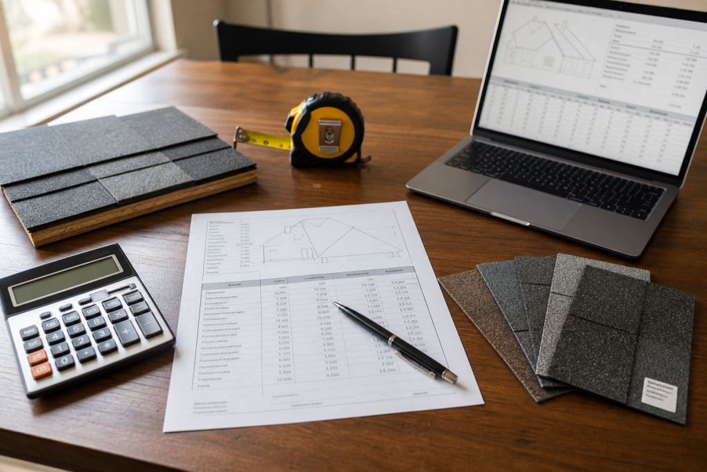 Worksheet, calculator and shingle samples used for estimating roof replacement cost