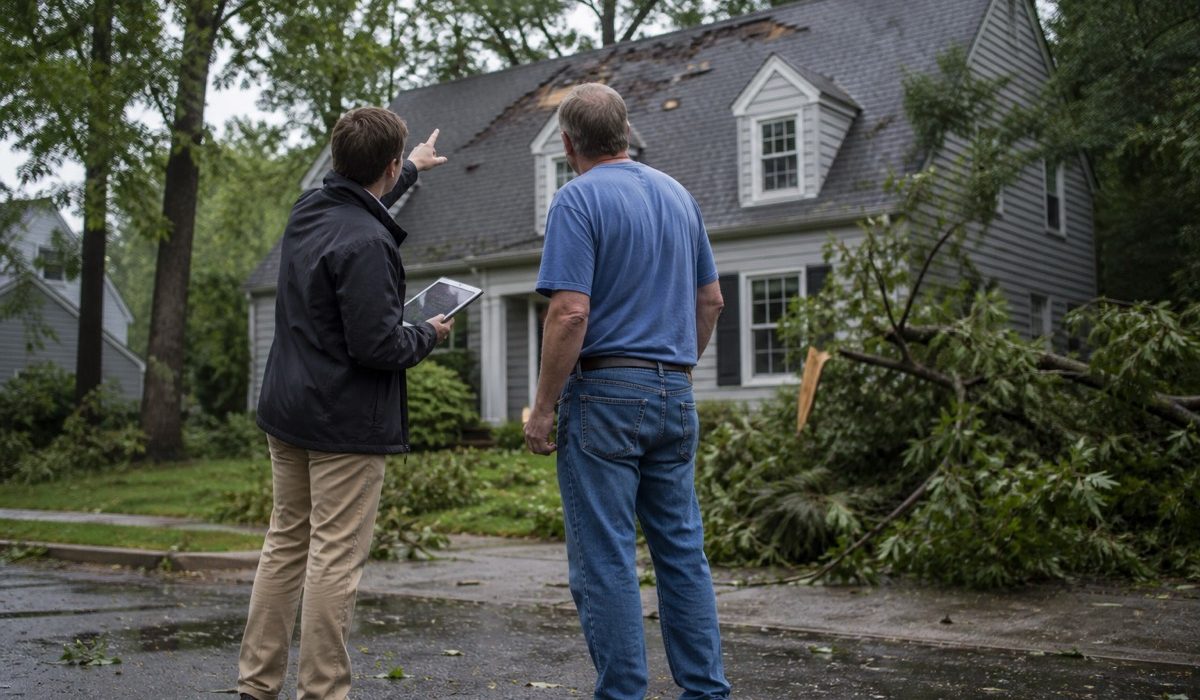 Homeowner and adjuster checking whether insurance covers roof replacement after a storm