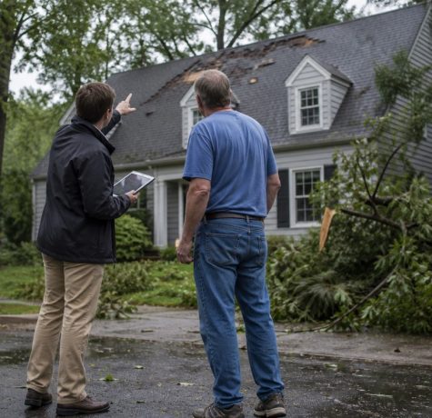 Homeowner and adjuster checking whether insurance covers roof replacement after a storm