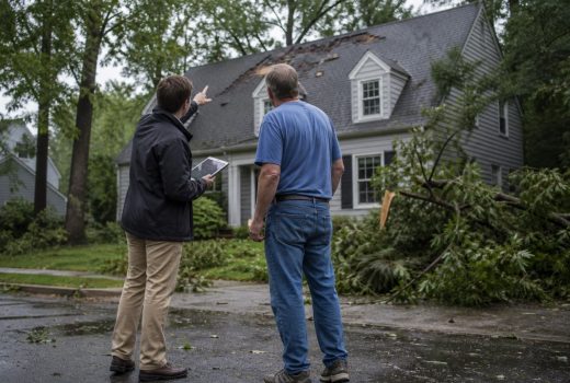 Homeowner and adjuster checking whether insurance covers roof replacement after a storm