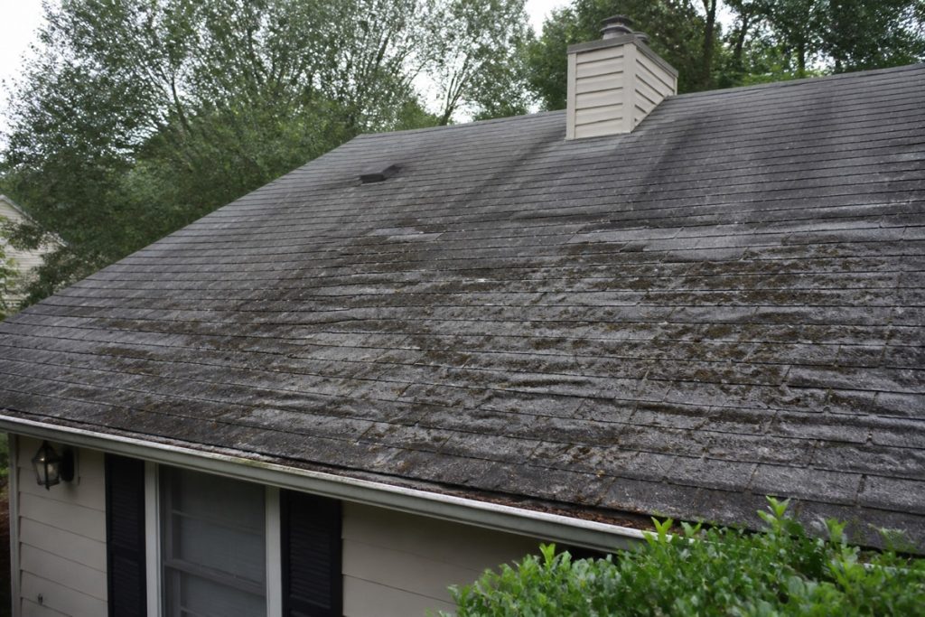 Worn out asphalt roof aged by wear and tear, which insurance generally does not cover