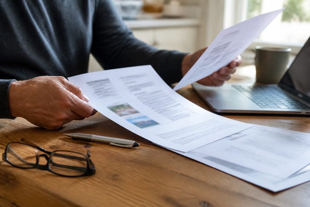 Homeowner reviewing a roofing estimate and insurance claim paperwork at home