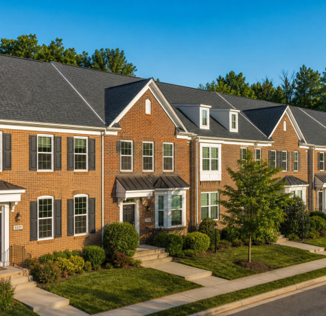 Townhouse roof replacement cost in Northern Virginia - row of townhomes with new shingle roofs