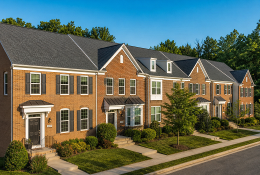 Townhouse roof replacement cost in Northern Virginia - row of townhomes with new shingle roofs