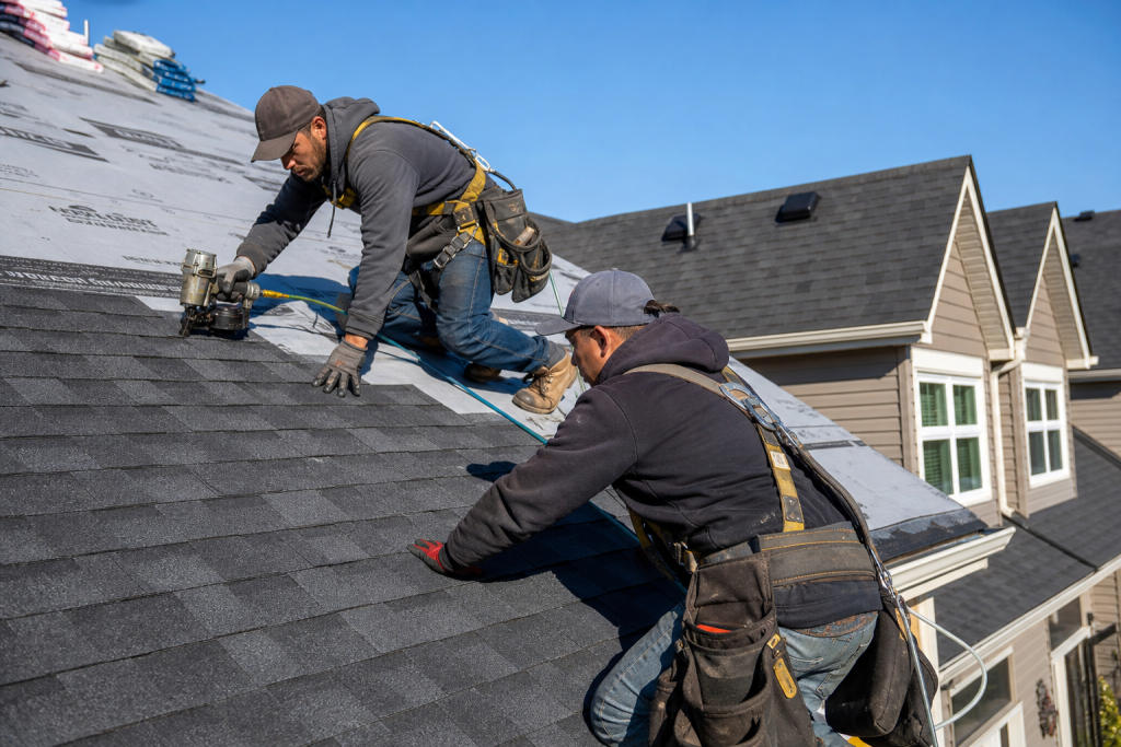 Roofers installing shingles during a townhouse roof replacement in Northern Virginia